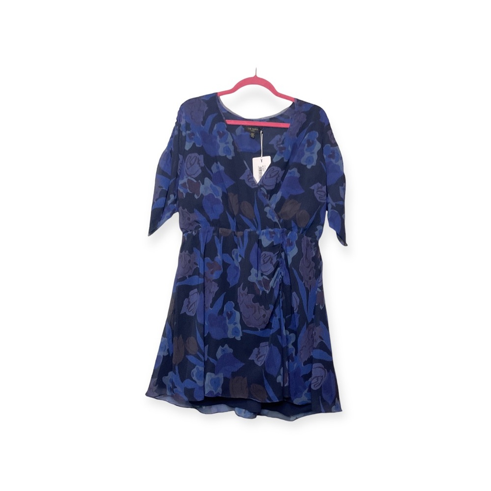 Women’s blue, floral NWT Ted Baker ruched sleeve detail mini dress, size 5 (XL)